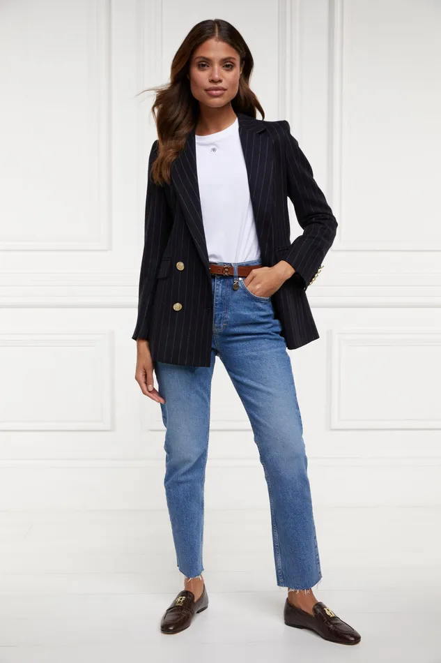 Holland Cooper Double Breasted Blazer Navy Chalk Pinstripe Women Briefcase