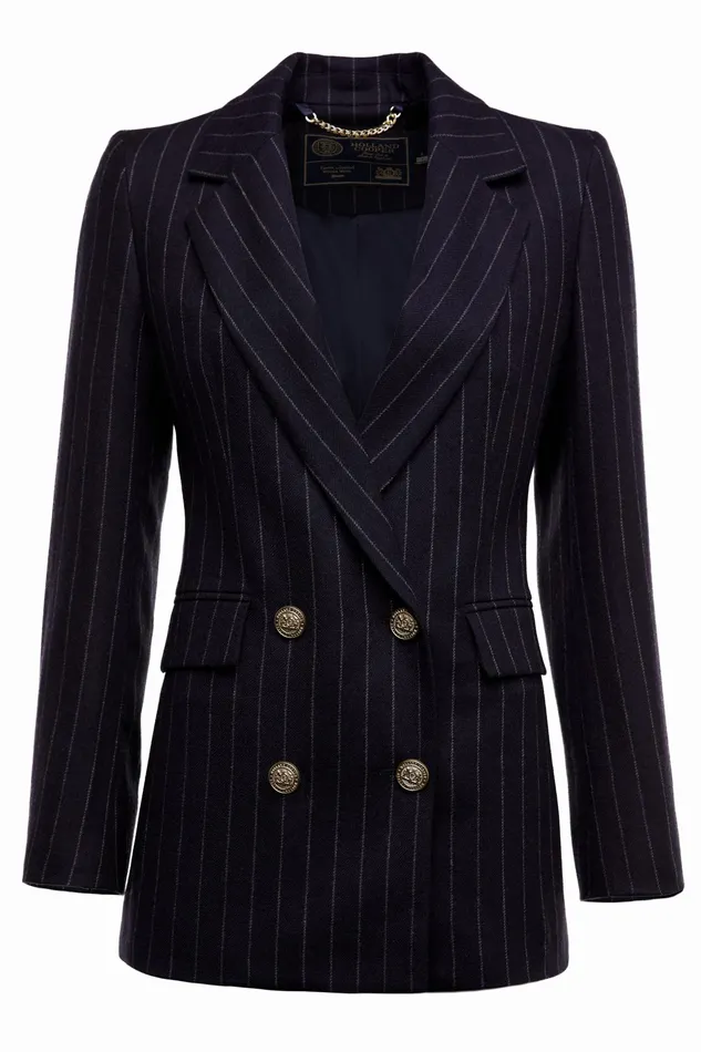 Holland Cooper Double Breasted Blazer Navy Chalk Pinstripe Women Briefcase