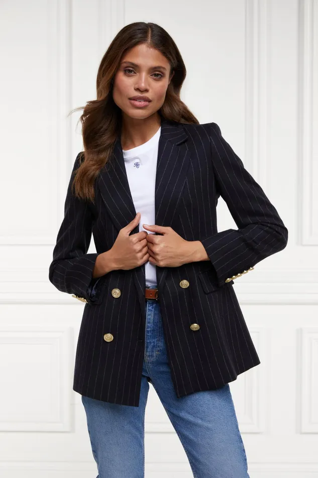 Holland Cooper Double Breasted Blazer Navy Chalk Pinstripe Women Briefcase
