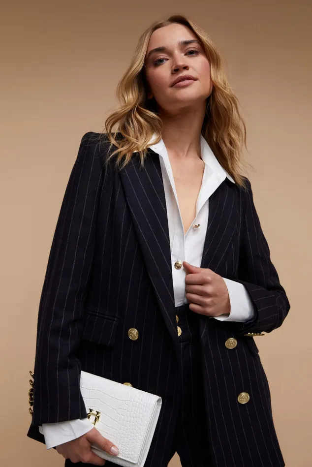 Holland Cooper Double Breasted Blazer Navy Chalk Pinstripe Women Briefcase