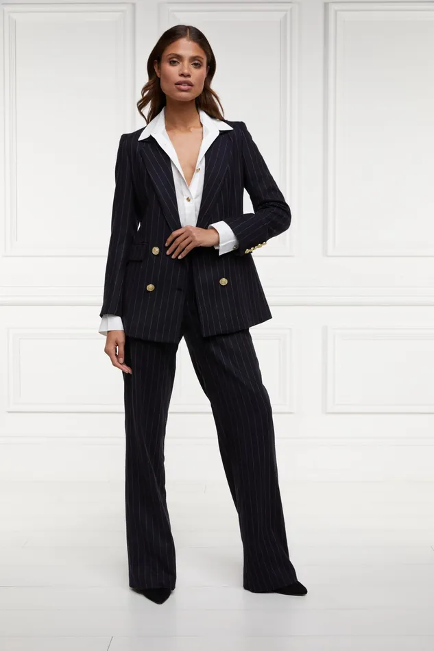 Holland Cooper Double Breasted Blazer Navy Chalk Pinstripe Women Briefcase