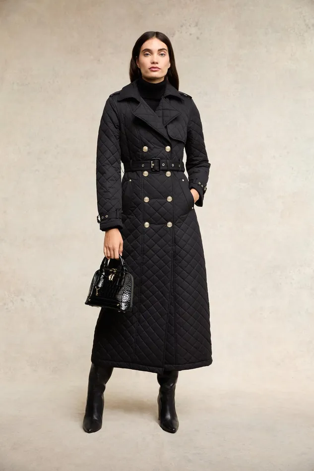 Holland Cooper Full Length Enstone Quilted Trench Coat Black Women Trench Coats