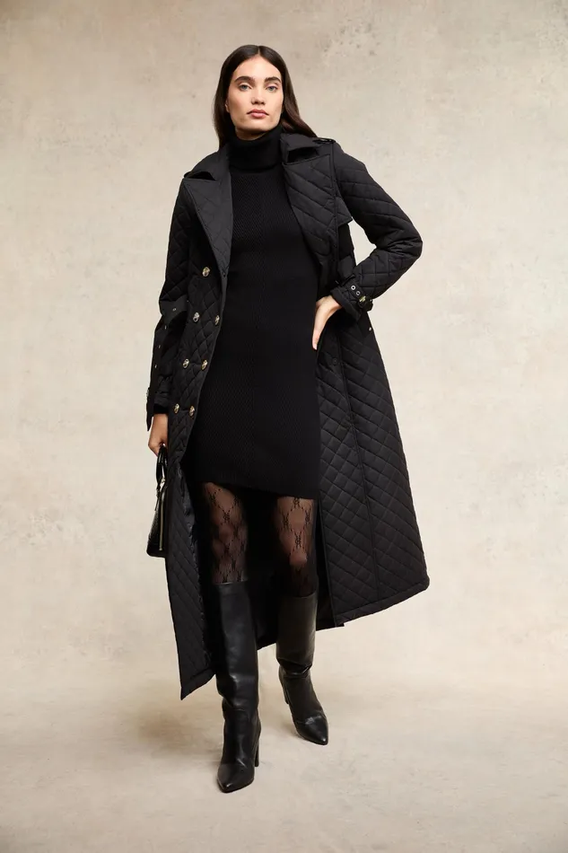 Holland Cooper Full Length Enstone Quilted Trench Coat Black Women Trench Coats