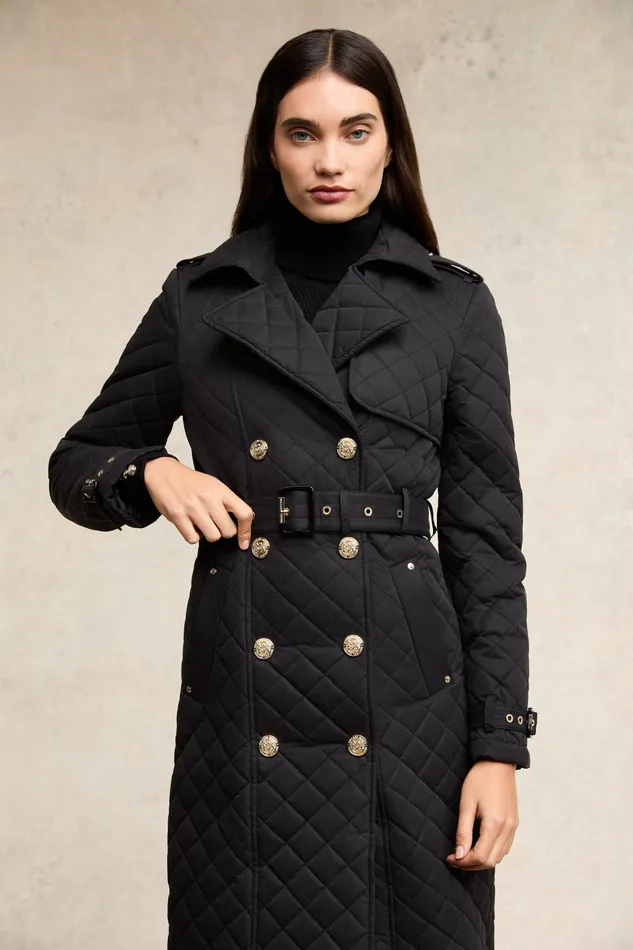 Holland Cooper Full Length Enstone Quilted Trench Coat Black Women Trench Coats