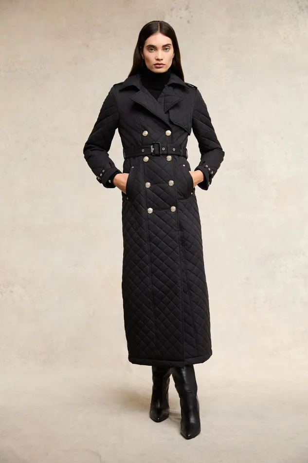 Holland Cooper Full Length Enstone Quilted Trench Coat Black Women Trench Coats