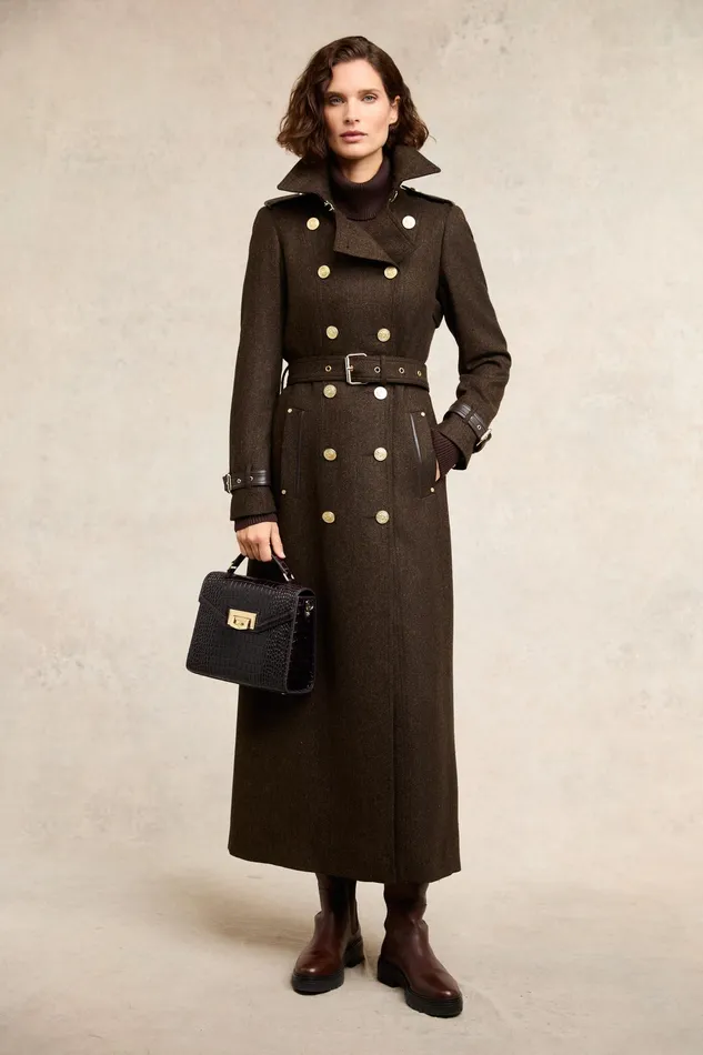 Holland Cooper Full Length Marlborough Trench Coat Chocolate Herringbone Women Trench Coats