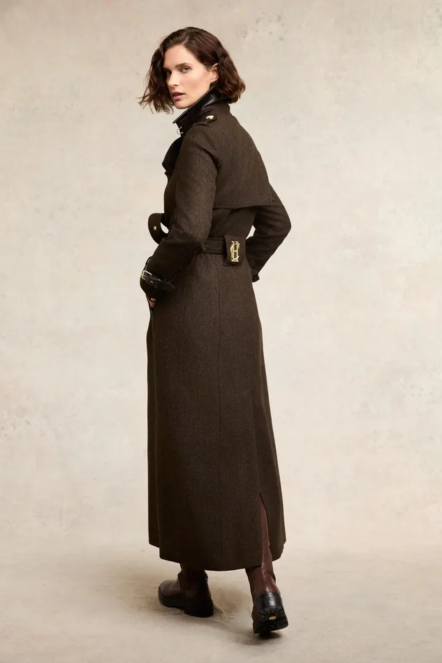 Holland Cooper Full Length Marlborough Trench Coat Chocolate Herringbone Women Trench Coats