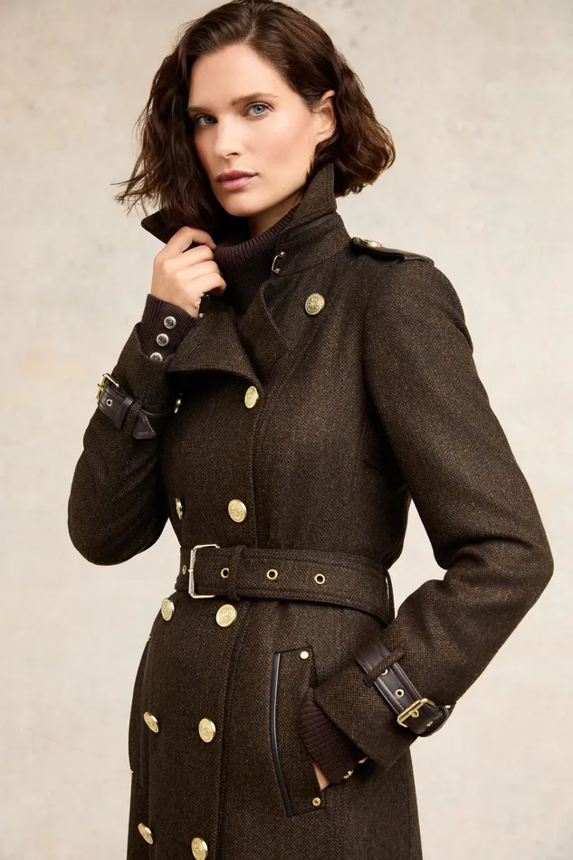 Holland Cooper Full Length Marlborough Trench Coat Chocolate Herringbone Women Trench Coats
