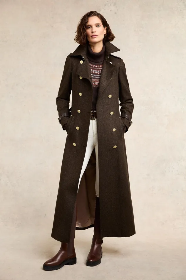 Holland Cooper Full Length Marlborough Trench Coat Chocolate Herringbone Women Trench Coats