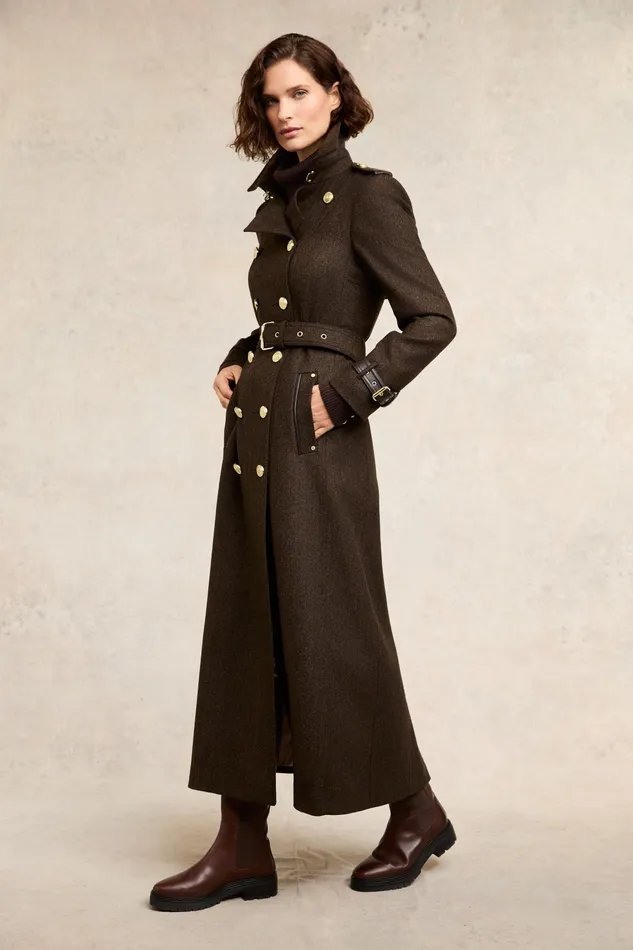 Holland Cooper Full Length Marlborough Trench Coat Chocolate Herringbone Women Trench Coats