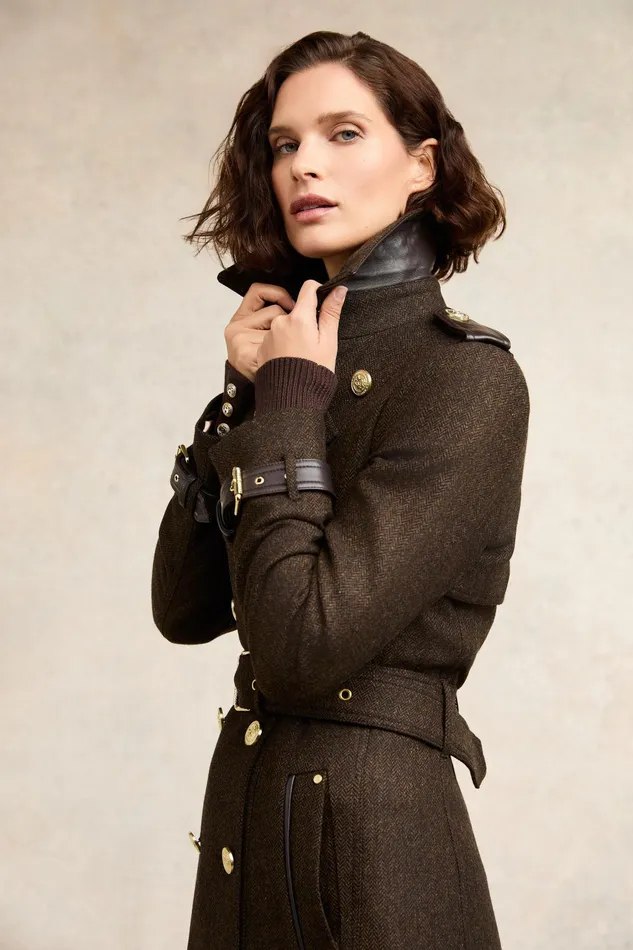 Holland Cooper Full Length Marlborough Trench Coat Chocolate Herringbone Women Trench Coats