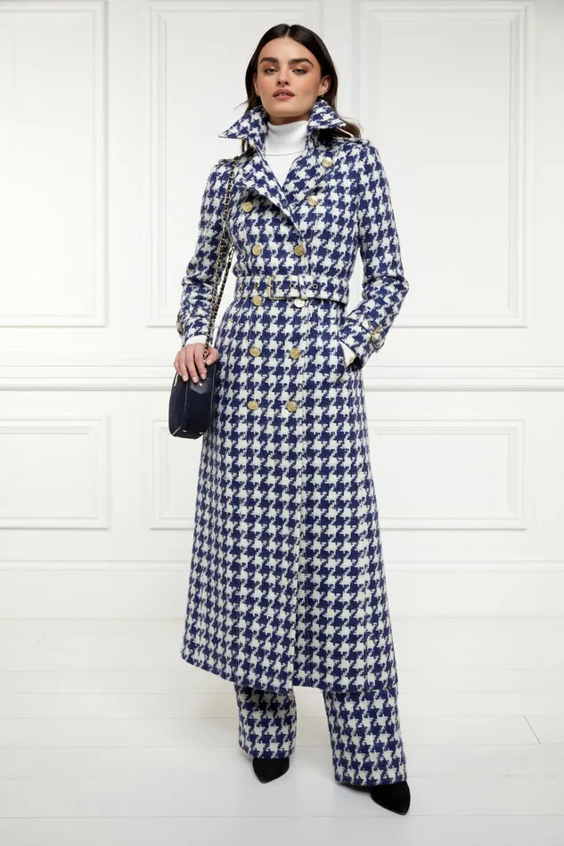 Holland Cooper Full Length Marlborough Trench Coat Large Scale Navy Houndstooth Women Tailoring