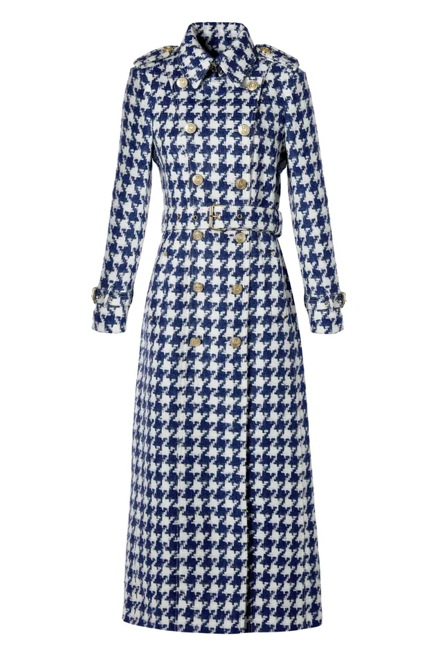 Holland Cooper Full Length Marlborough Trench Coat Large Scale Navy Houndstooth Women Tailoring