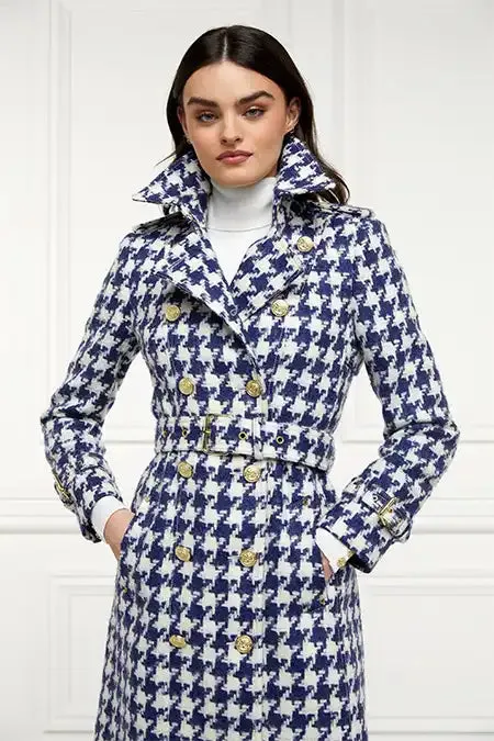 Holland Cooper Full Length Marlborough Trench Coat Large Scale Navy Houndstooth Women Tailoring