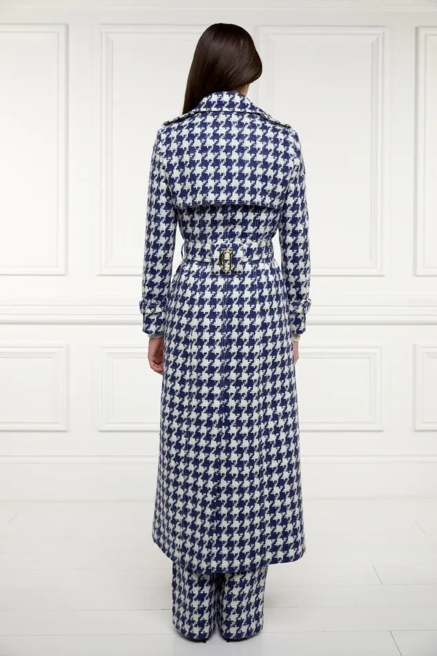 Holland Cooper Full Length Marlborough Trench Coat Large Scale Navy Houndstooth Women Tailoring