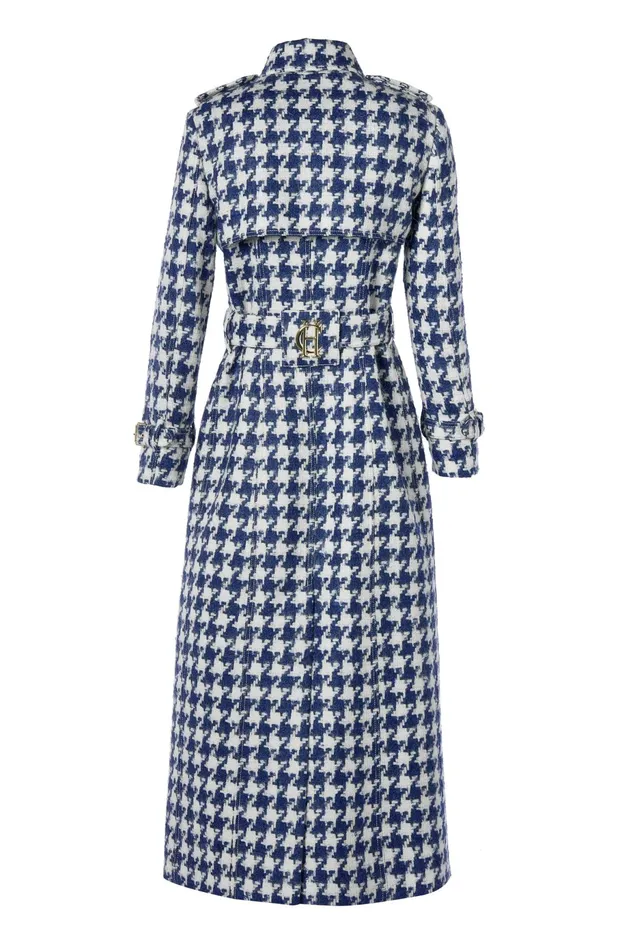 Holland Cooper Full Length Marlborough Trench Coat Large Scale Navy Houndstooth Women Tailoring