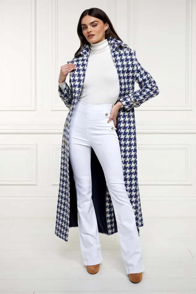 Holland Cooper Full Length Marlborough Trench Coat Large Scale Navy Houndstooth Women Tailoring