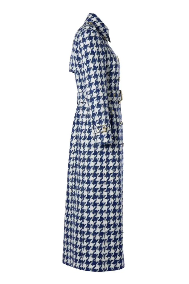 Holland Cooper Full Length Marlborough Trench Coat Large Scale Navy Houndstooth Women Tailoring
