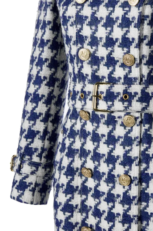 Holland Cooper Full Length Marlborough Trench Coat Large Scale Navy Houndstooth Women Tailoring