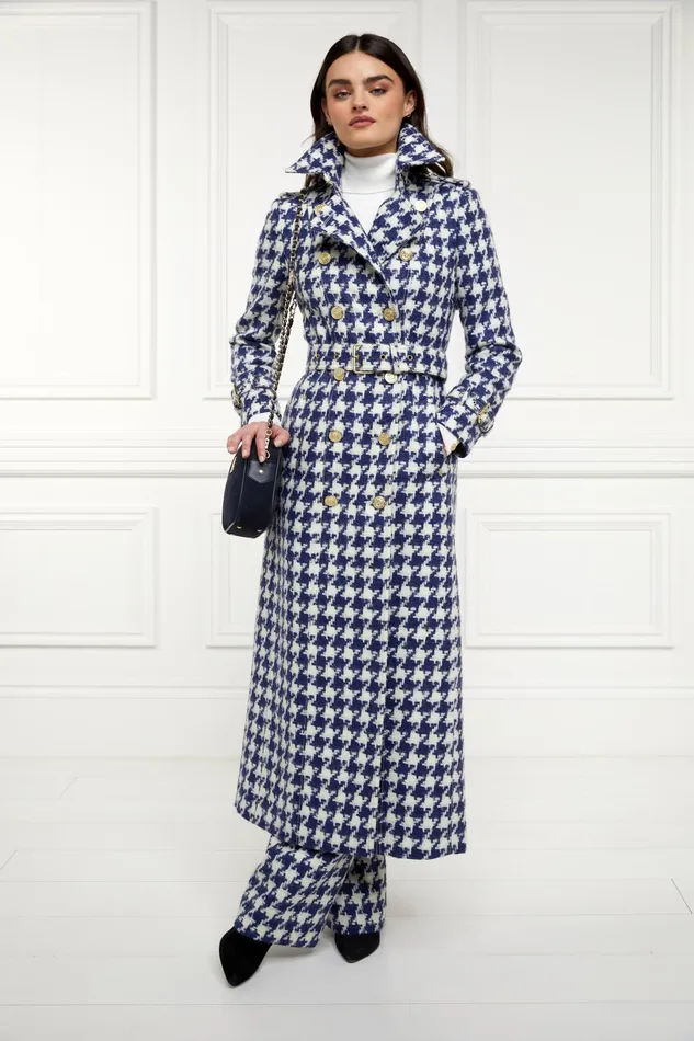 Holland Cooper Full Length Marlborough Trench Coat Large Scale Navy Houndstooth Women Tailoring