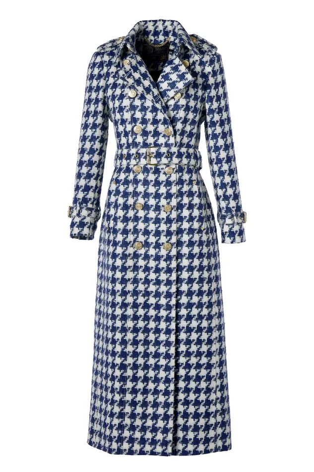 Holland Cooper Full Length Marlborough Trench Coat Large Scale Navy Houndstooth Women Tailoring