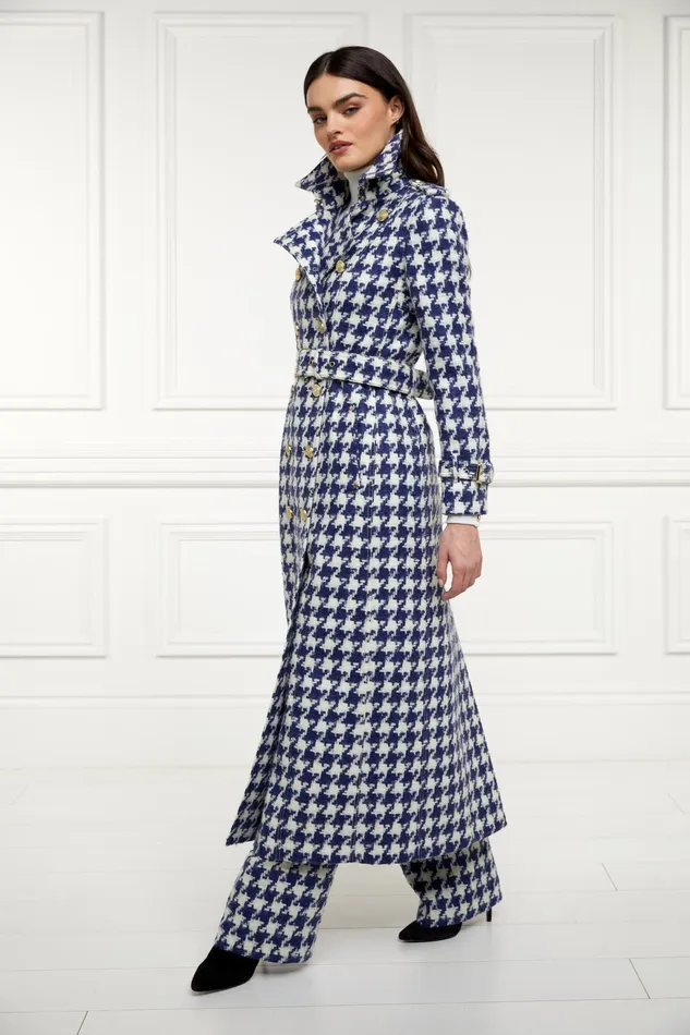 Holland Cooper Full Length Marlborough Trench Coat Large Scale Navy Houndstooth Women Tailoring