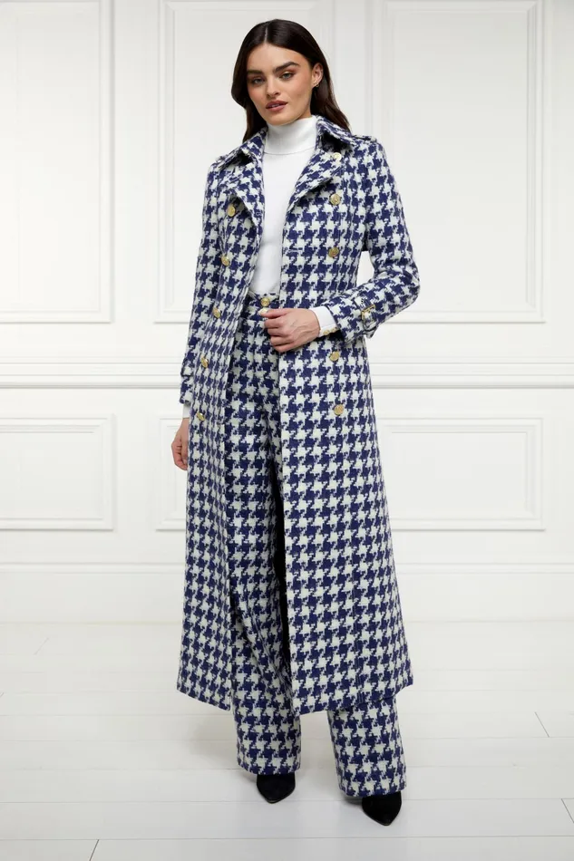 Holland Cooper Full Length Marlborough Trench Coat Large Scale Navy Houndstooth Women Tailoring