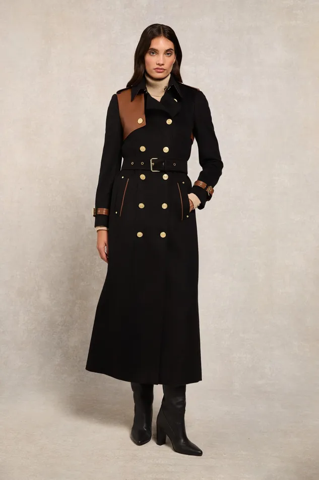 Holland Cooper Full Length Marlborough Trench Coat Soft Black Tan Women Tailoring