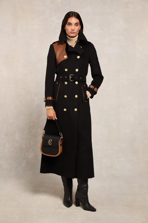 Holland Cooper Full Length Marlborough Trench Coat Soft Black Tan Women Tailoring