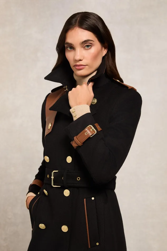 Holland Cooper Full Length Marlborough Trench Coat Soft Black Tan Women Tailoring