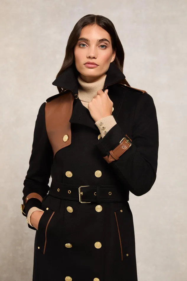 Holland Cooper Full Length Marlborough Trench Coat Soft Black Tan Women Tailoring