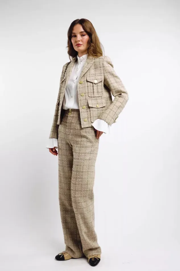 Holland Cooper High Waisted Straight Trouser Camel Sparkle Tweed Women Tailoring
