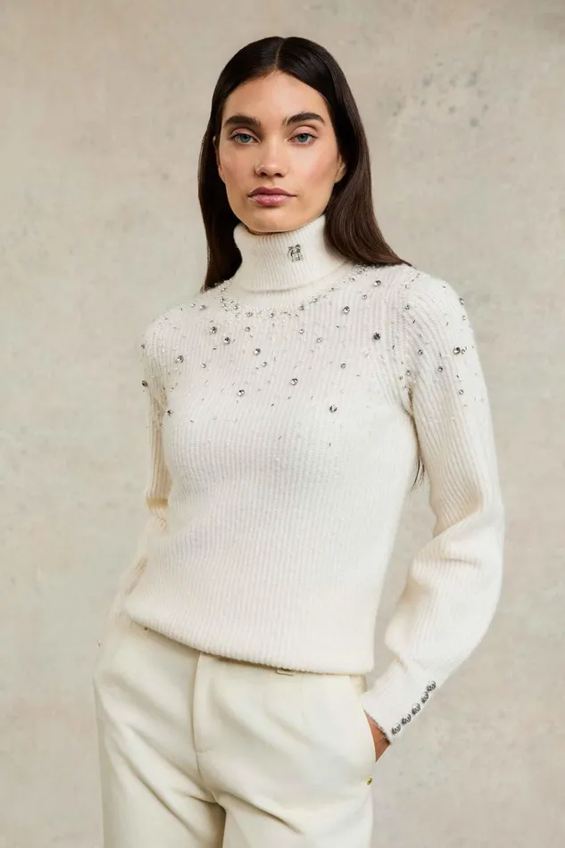 Holland Cooper Kelsie Rib Embellished Roll Neck Natural Women Knitwear