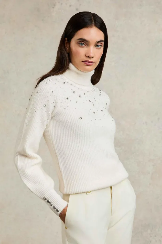 Holland Cooper Kelsie Rib Embellished Roll Neck Natural Women Knitwear