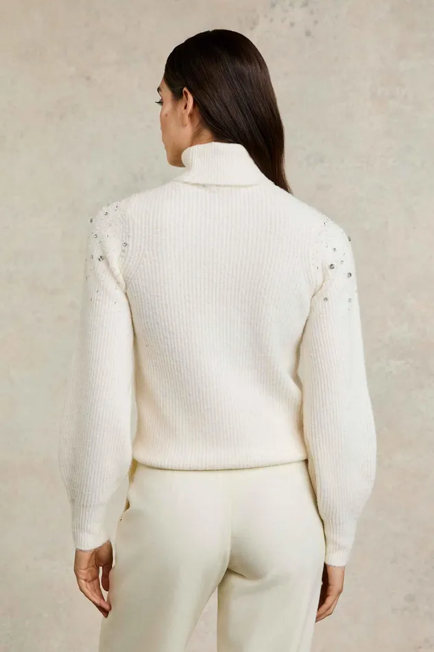 Holland Cooper Kelsie Rib Embellished Roll Neck Natural Women Knitwear