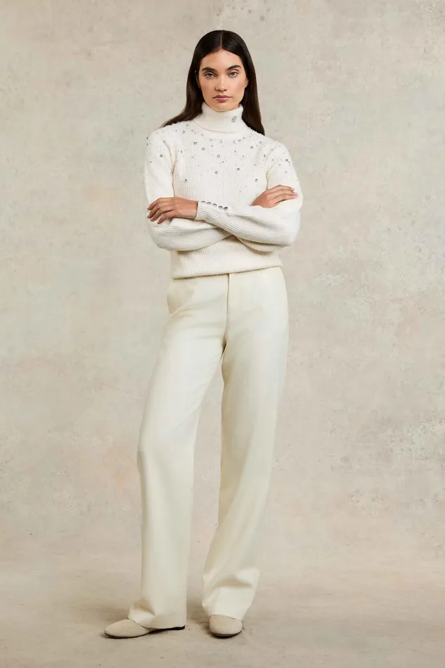 Holland Cooper Kelsie Rib Embellished Roll Neck Natural Women Knitwear