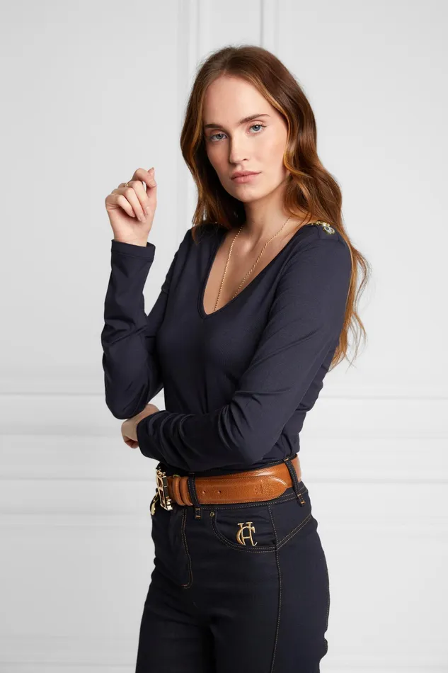 Holland Cooper Long Sleeve VNeck Tee Ink Navy Women Tops