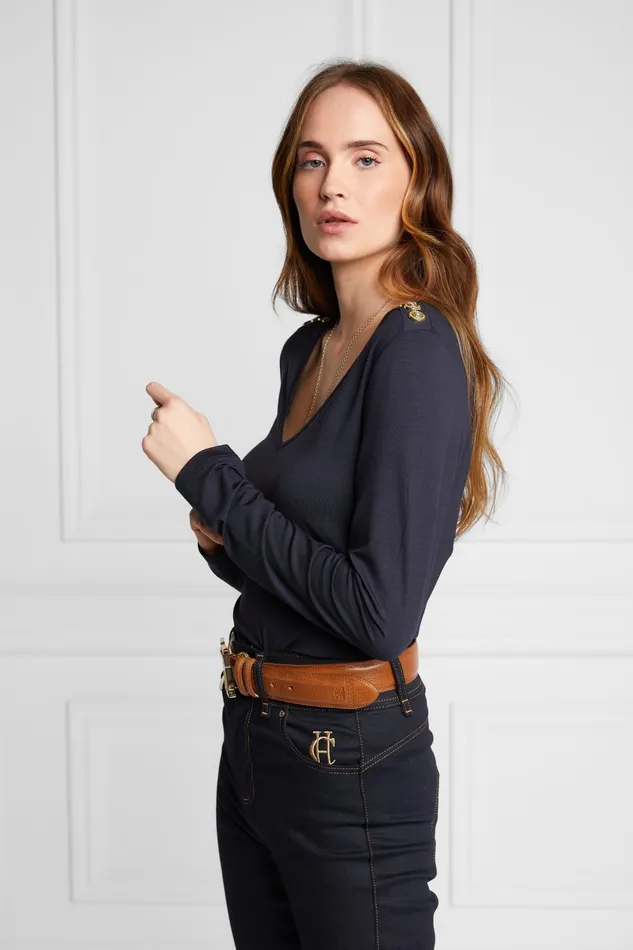 Holland Cooper Long Sleeve VNeck Tee Ink Navy Women Tops