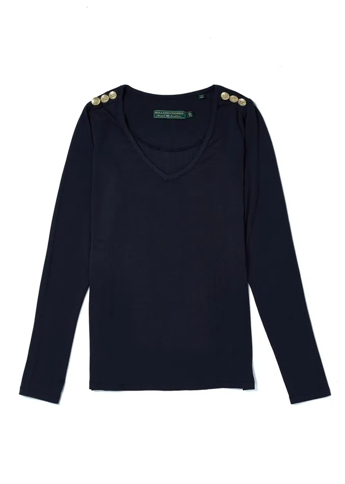 Holland Cooper Long Sleeve VNeck Tee Ink Navy Women Tops