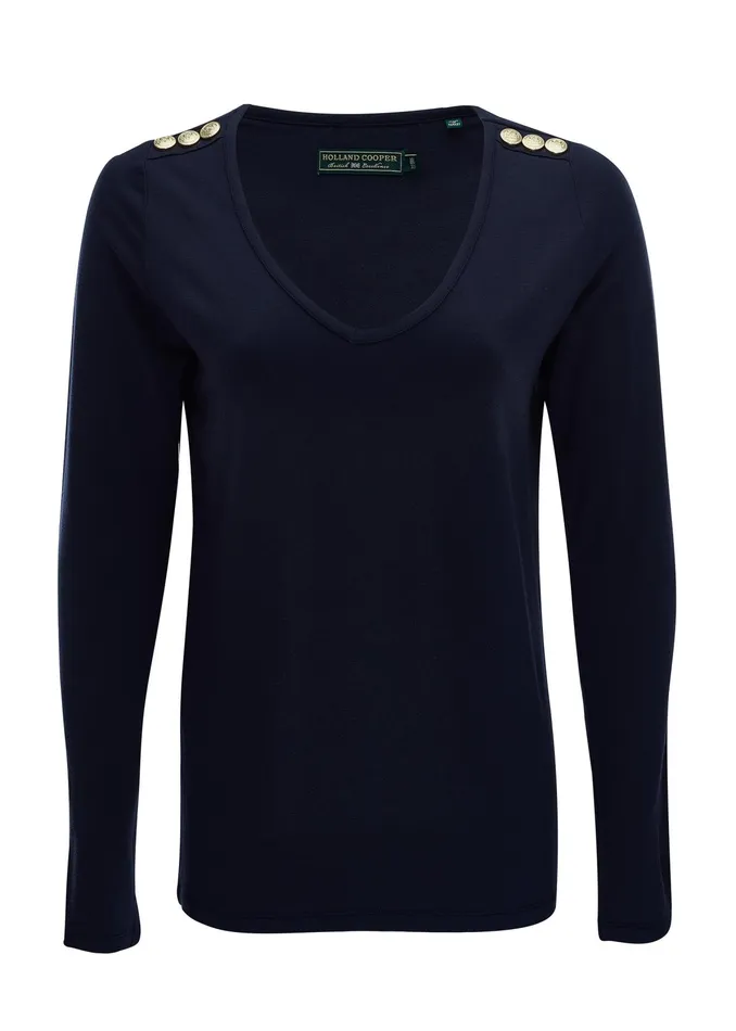 Holland Cooper Long Sleeve VNeck Tee Ink Navy Women Tops