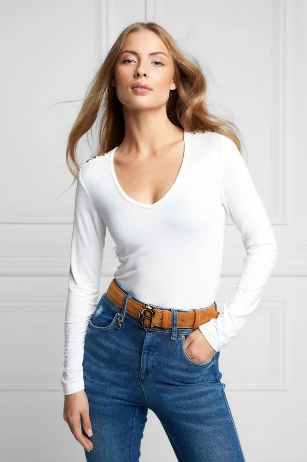 Holland Cooper Long Sleeve VNeck Tee White Women Tops