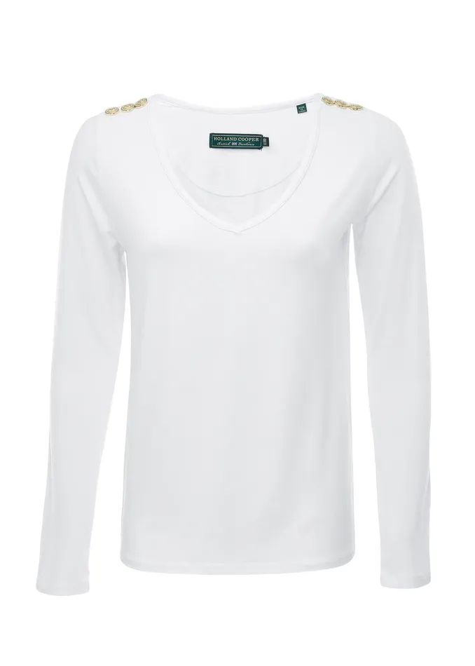 Holland Cooper Long Sleeve VNeck Tee White Women Tops