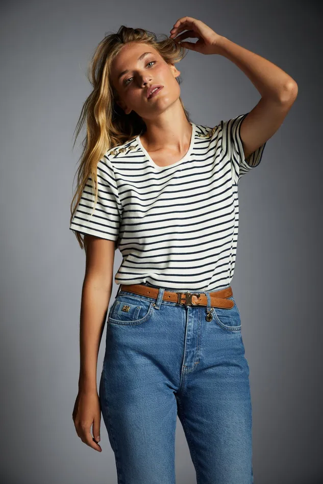Holland Cooper Padstow Crew Neck Tee Natural Ink Navy Stripe Women Tees