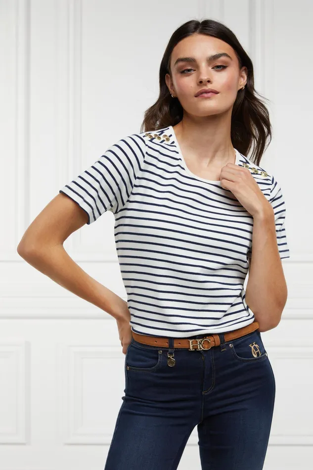 Holland Cooper Padstow Crew Neck Tee Natural Ink Navy Stripe Women Tees