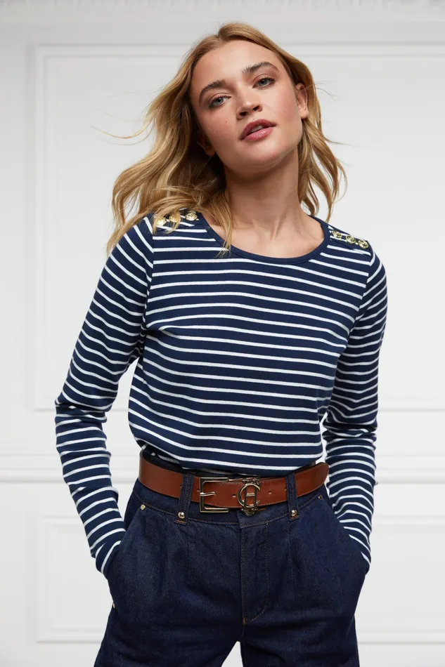 Holland Cooper Padstow Long Sleeve Crew Neck Tee Ink Navy Natural Stripe Women Tops