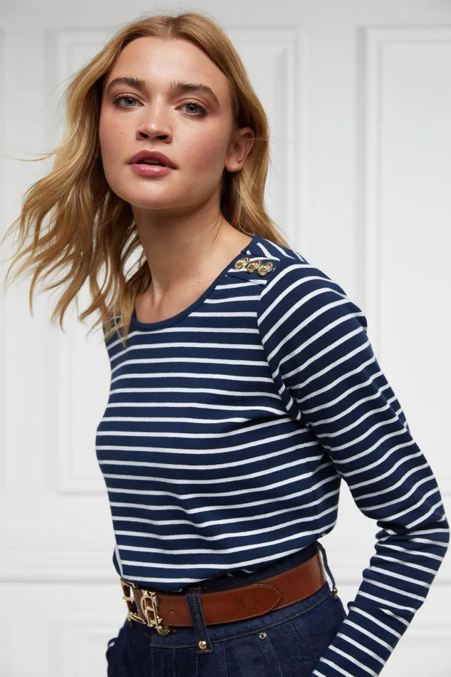 Holland Cooper Padstow Long Sleeve Crew Neck Tee Ink Navy Natural Stripe Women Tops