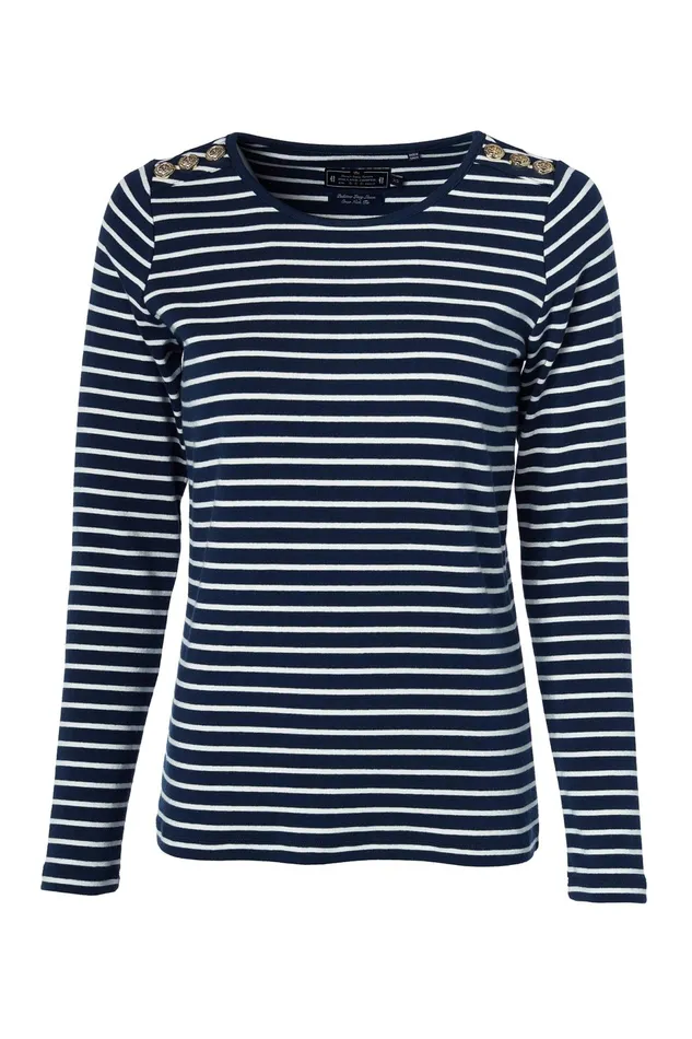 Holland Cooper Padstow Long Sleeve Crew Neck Tee Ink Navy Natural Stripe Women Tops