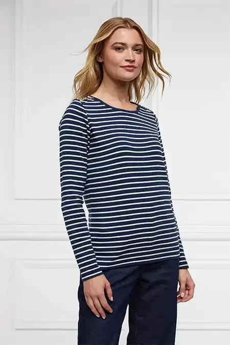 Holland Cooper Padstow Long Sleeve Crew Neck Tee Ink Navy Natural Stripe Women Tops