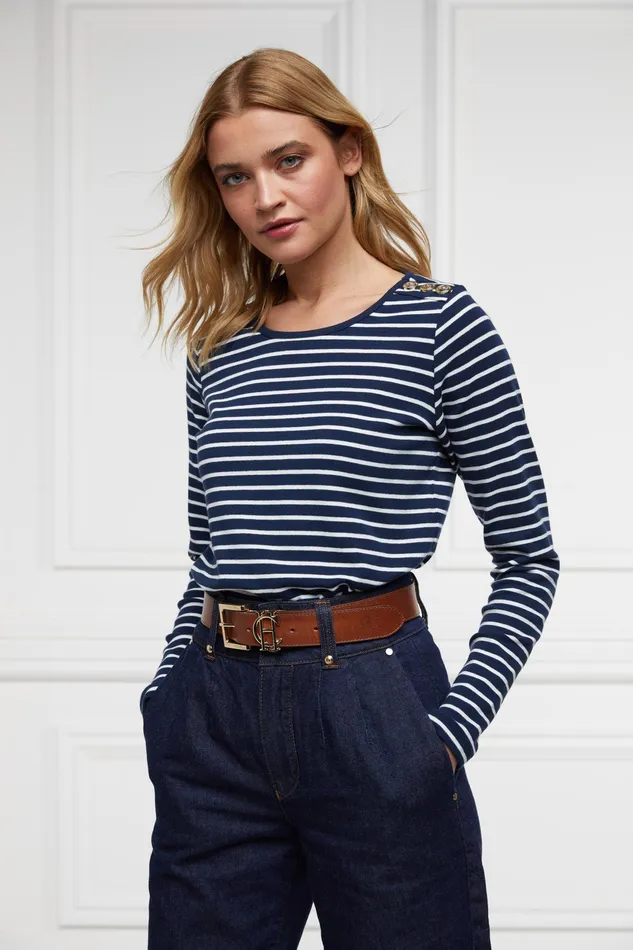 Holland Cooper Padstow Long Sleeve Crew Neck Tee Ink Navy Natural Stripe Women Tops