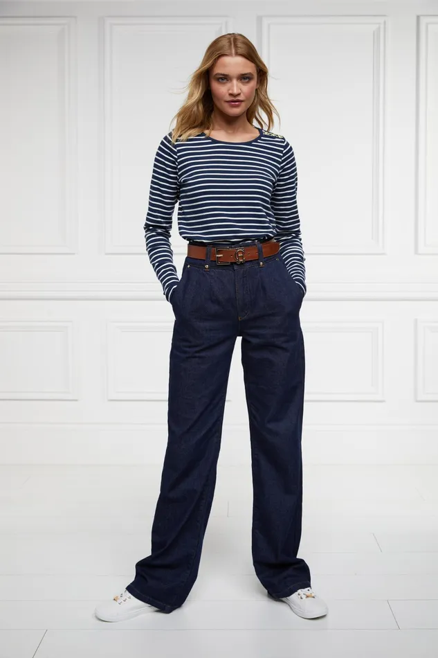 Holland Cooper Padstow Long Sleeve Crew Neck Tee Ink Navy Natural Stripe Women Tops
